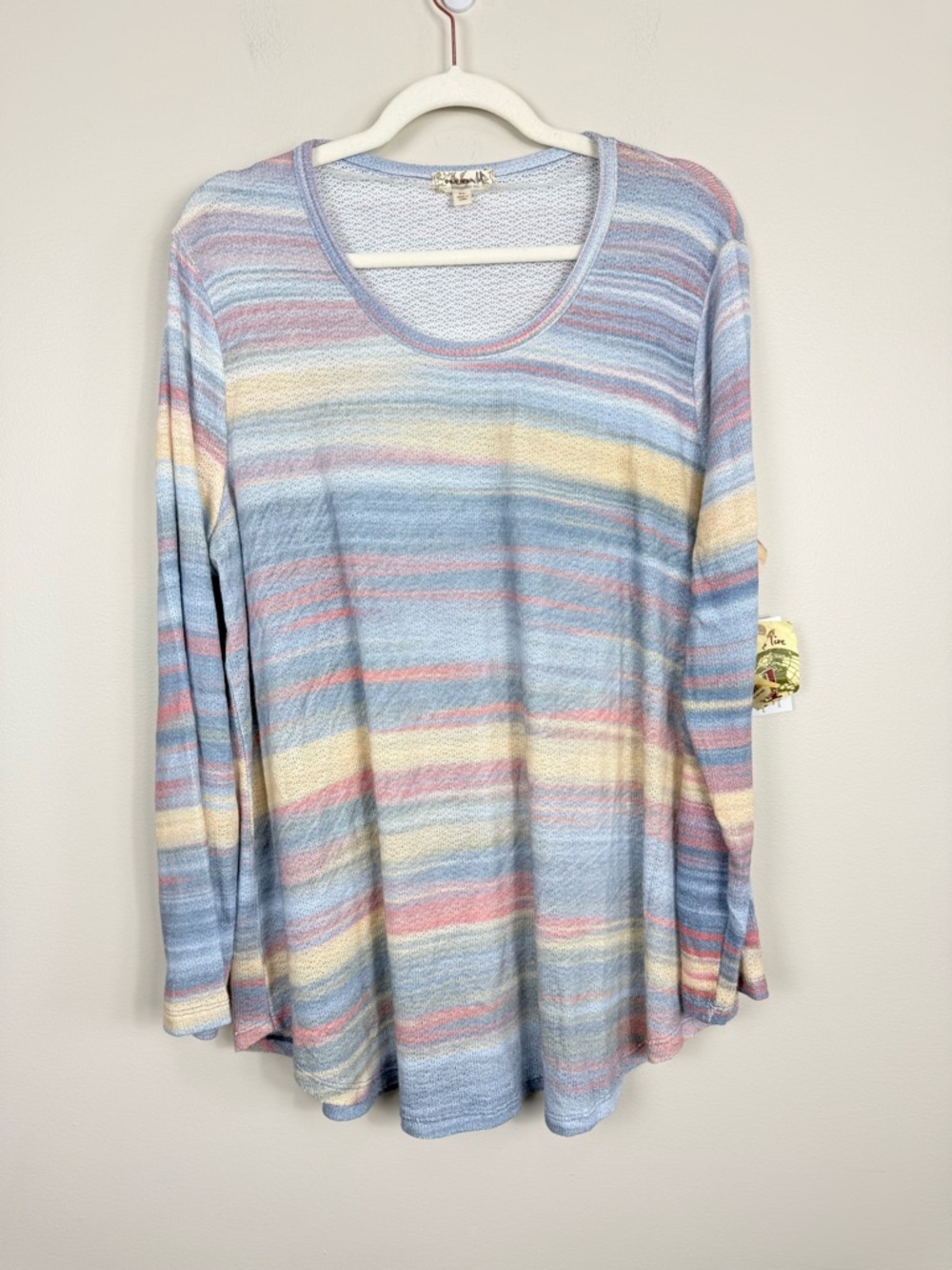 One World Top Womens 2X Scoop Neck Stripes Pastel Blue Pink Yellow Long Sleeve